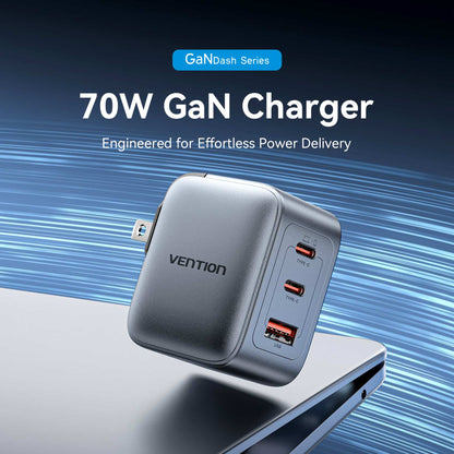 <tc>Vention</tc> Cargador GaN de 3 puertos USB (C+C+A) (70W/70W/22.5W) Enchufe estadounidense Gris