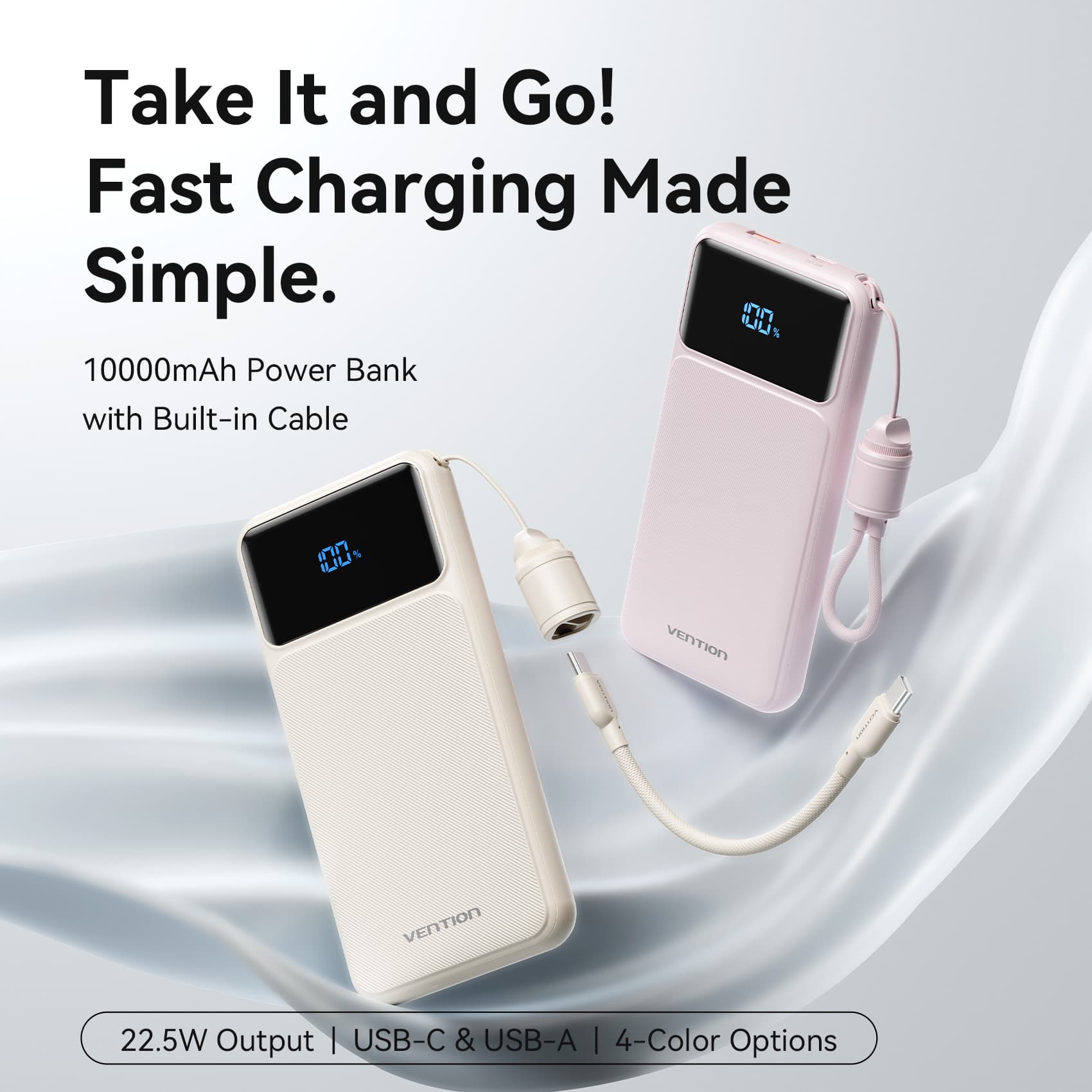 Vention 10000mAh Power Bank (USB-C + USB-A) with Built-in Cable 22.5W LED Display Type