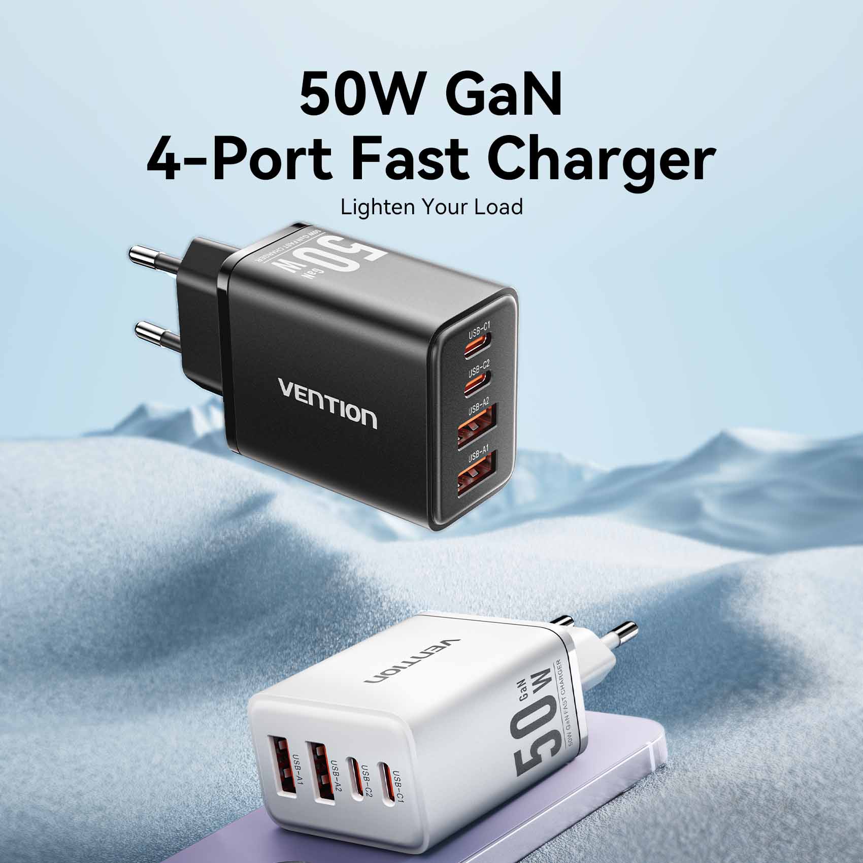 Vention 4-Port USB (C + C + A + A) GaN Charger (30W/20W/18W/18W) EU-Plug