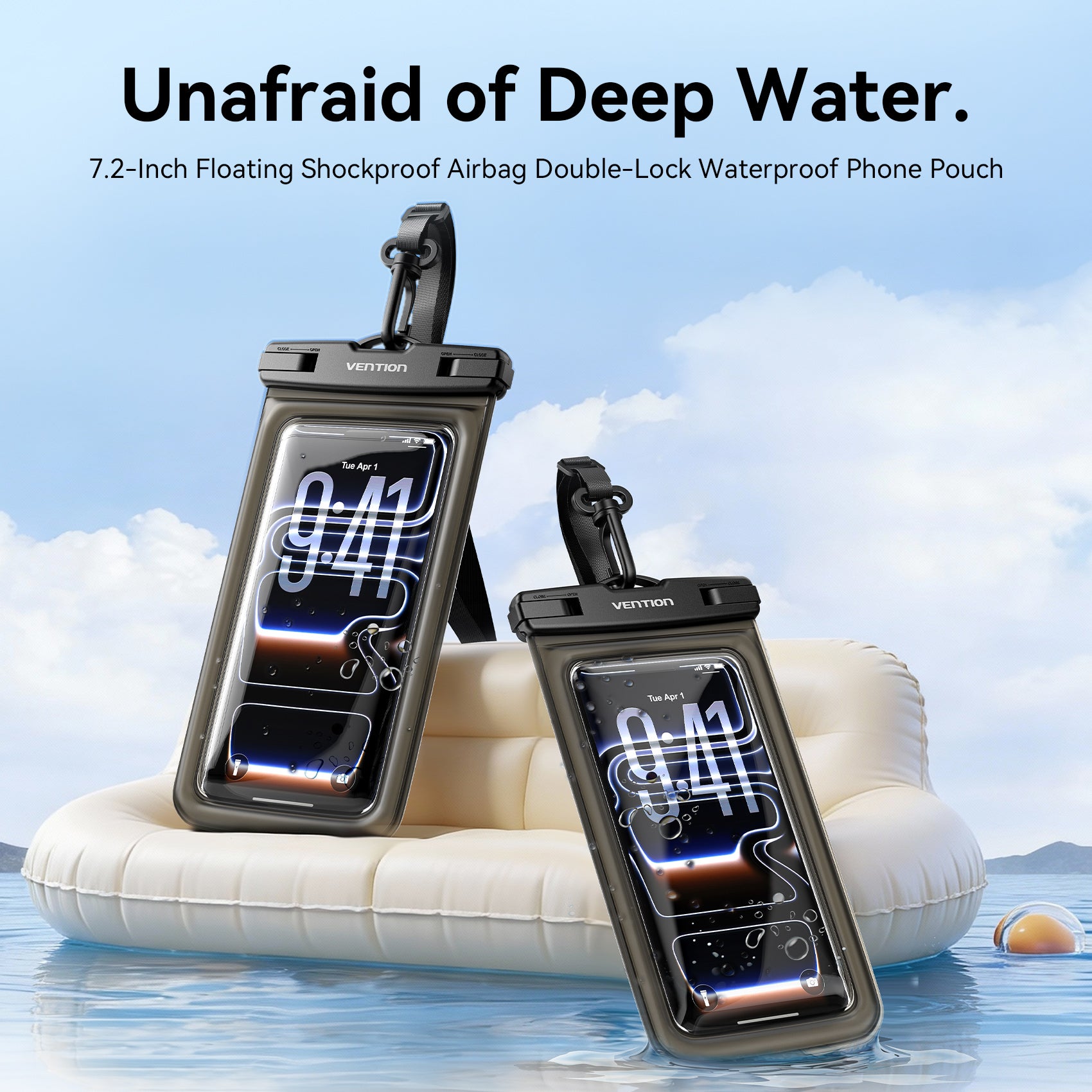 Vention 7.2-Inch Shockproof Black-Edged Waterproof Phone Pouch with Lock Seal Black