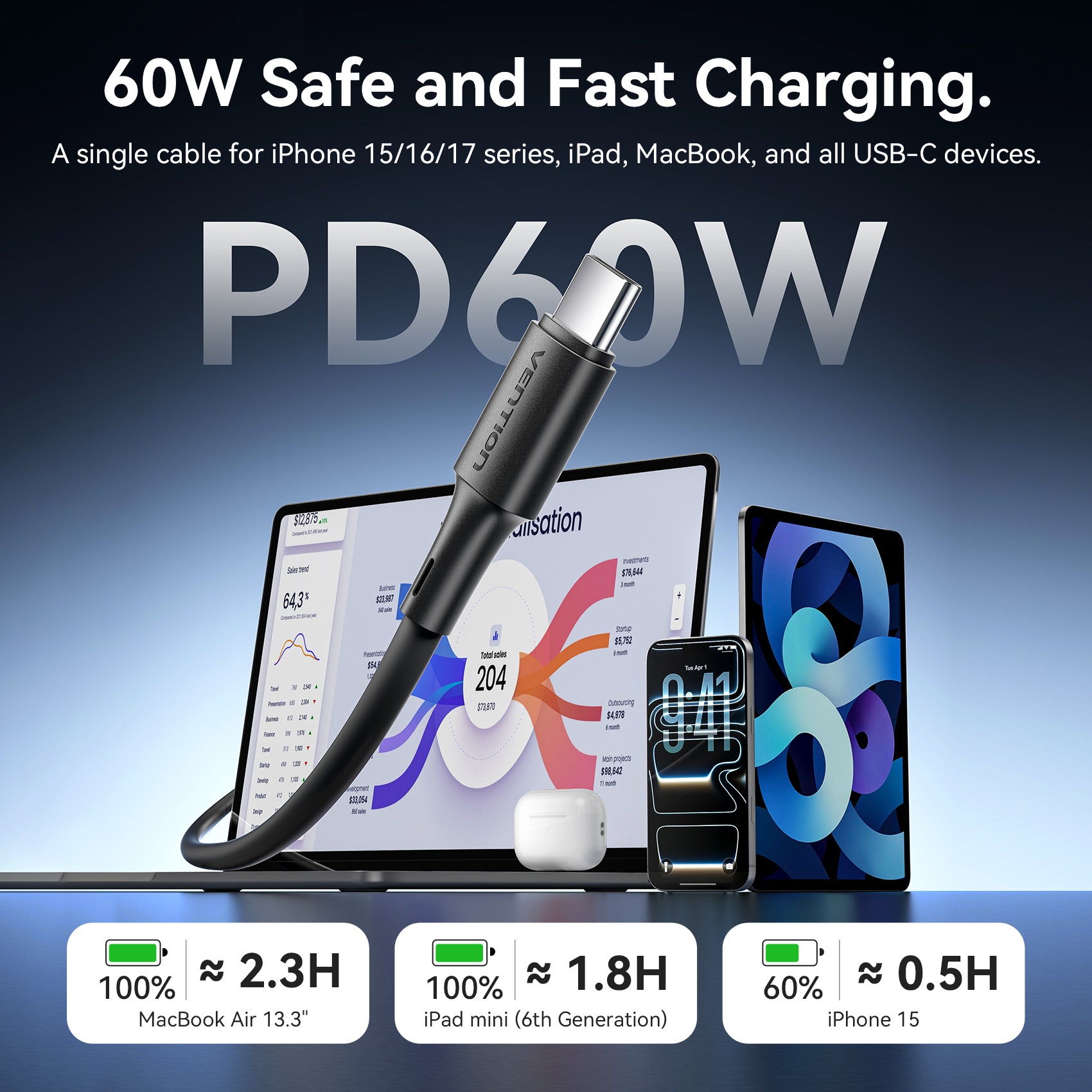 Vention USB 2.0 Type-C Male to Type-C Male 3A Cable Black PVC Type