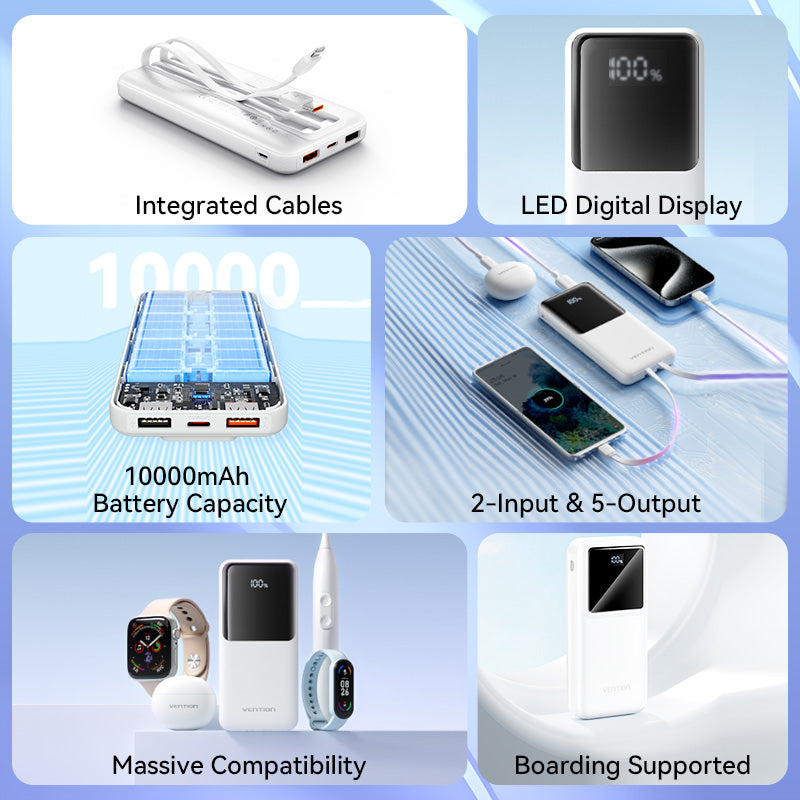 Vention 10000mAh Power Bank with Built-in USB-C and Lightning Cables 22.5W Black LED Display Universal Type