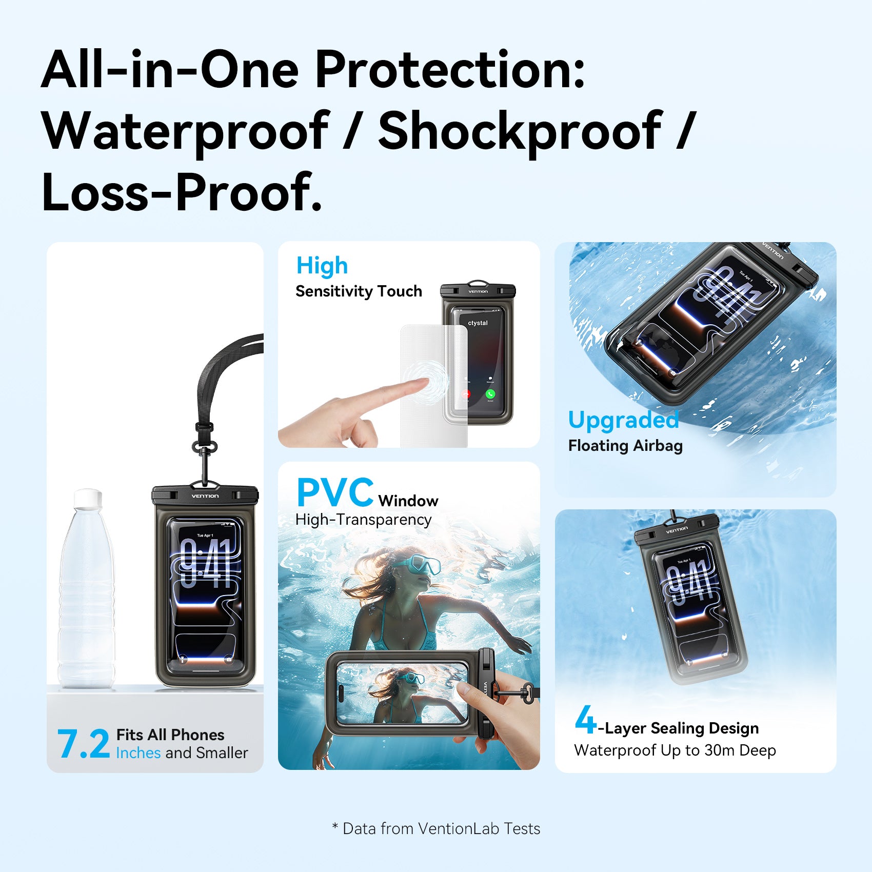 Vention 7.2-Inch Shockproof Black-Edged Waterproof Phone Pouch with Lock Seal Black