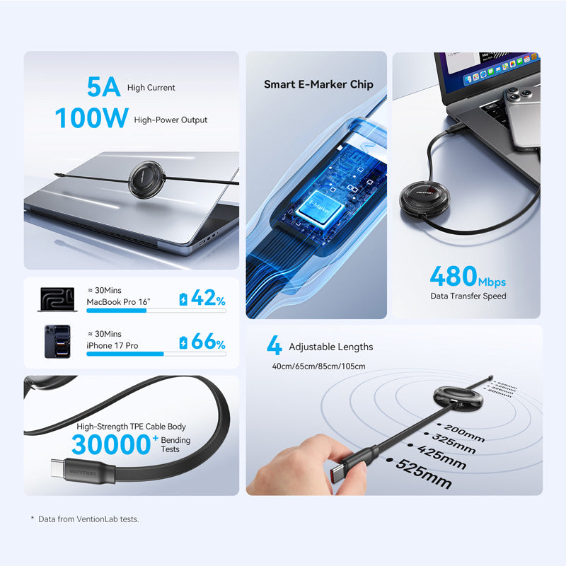 Vention USB 2.0 Type-C Male to Type-C Male 5A Retractable Cable 1M Black