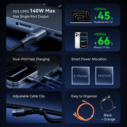 Vention USB 2.0 Tip-C Erkek - 2 Tip-C Erkek 5A Kablo Siyah Alüminyum Alaşımlı Tip