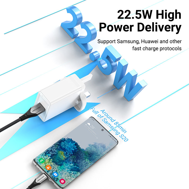 Vention 1-port USB Wall Charger(22.5W) UK-Plug White