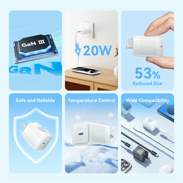 Vention 1-Port USB-C GaN Charger (20W) with USB-C to USB-C Cable (1M) US Plug