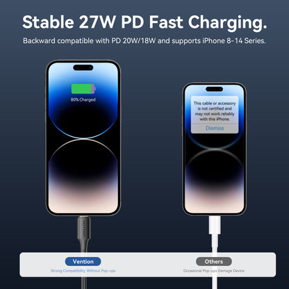 Vention USB 2.0 Tip-C Erkek - Yıldırım Erkek 3A Kablo Siyah PVC Tip