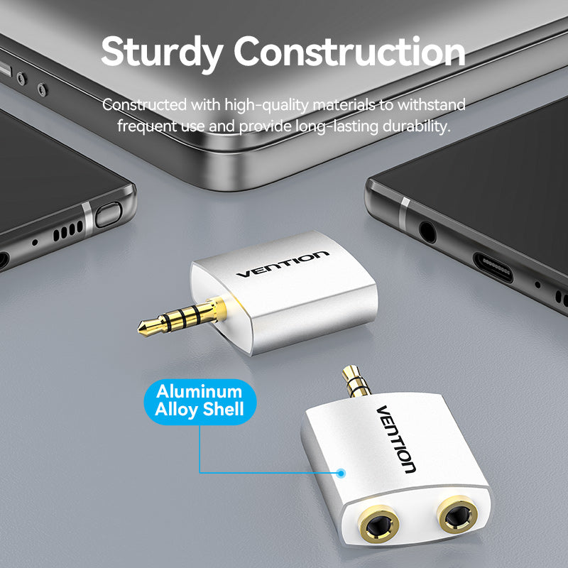 Vention 4 Pole 3.5mm Male to 2*3.5mm Female Audio Adapter Silvery Metal Type