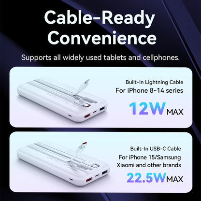 Vention 10000mAh Power Bank with Built-in USB-C and Lightning Cables 22.5W Black LED Display Universal Type