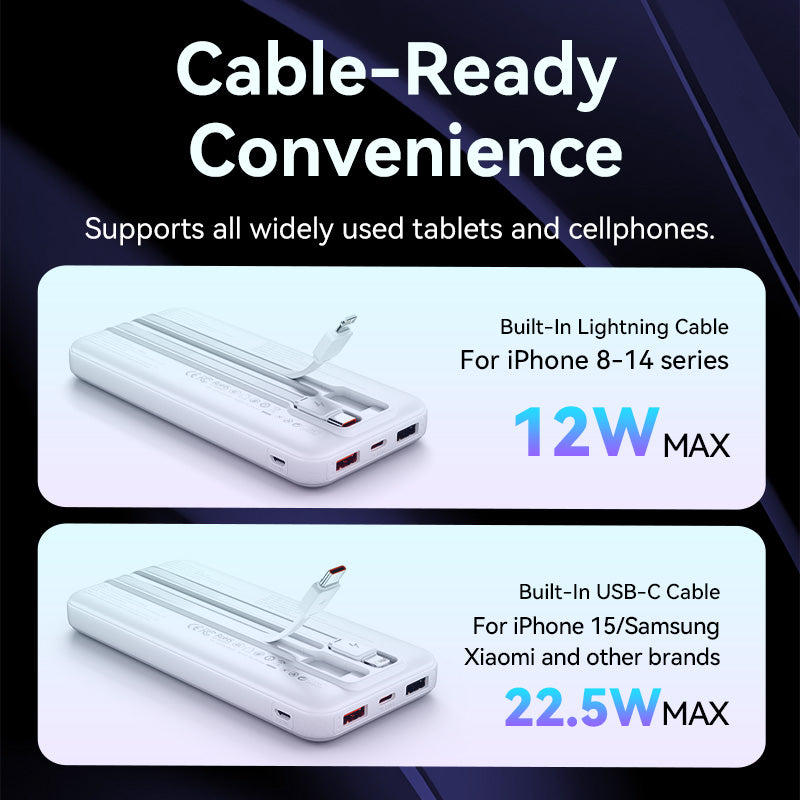 Vention 10000mAh Power Bank with Built-in USB-C and Lightning Cables 22.5W Black LED Display Universal Type