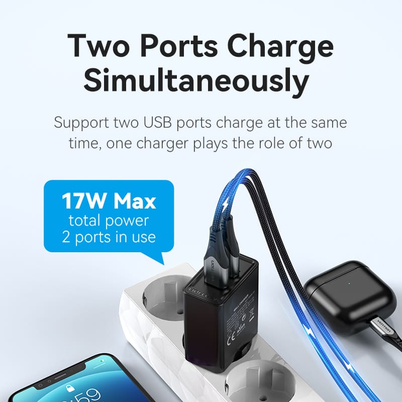 Two-Port  USB(A+A) Wall Charger (18W/18W) EU-Plug Black