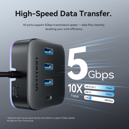 Vention USB 3.0 to USB 3.2 Gen 1 Type-C/USB 3.0*3/USB-C Desk Hub Black
