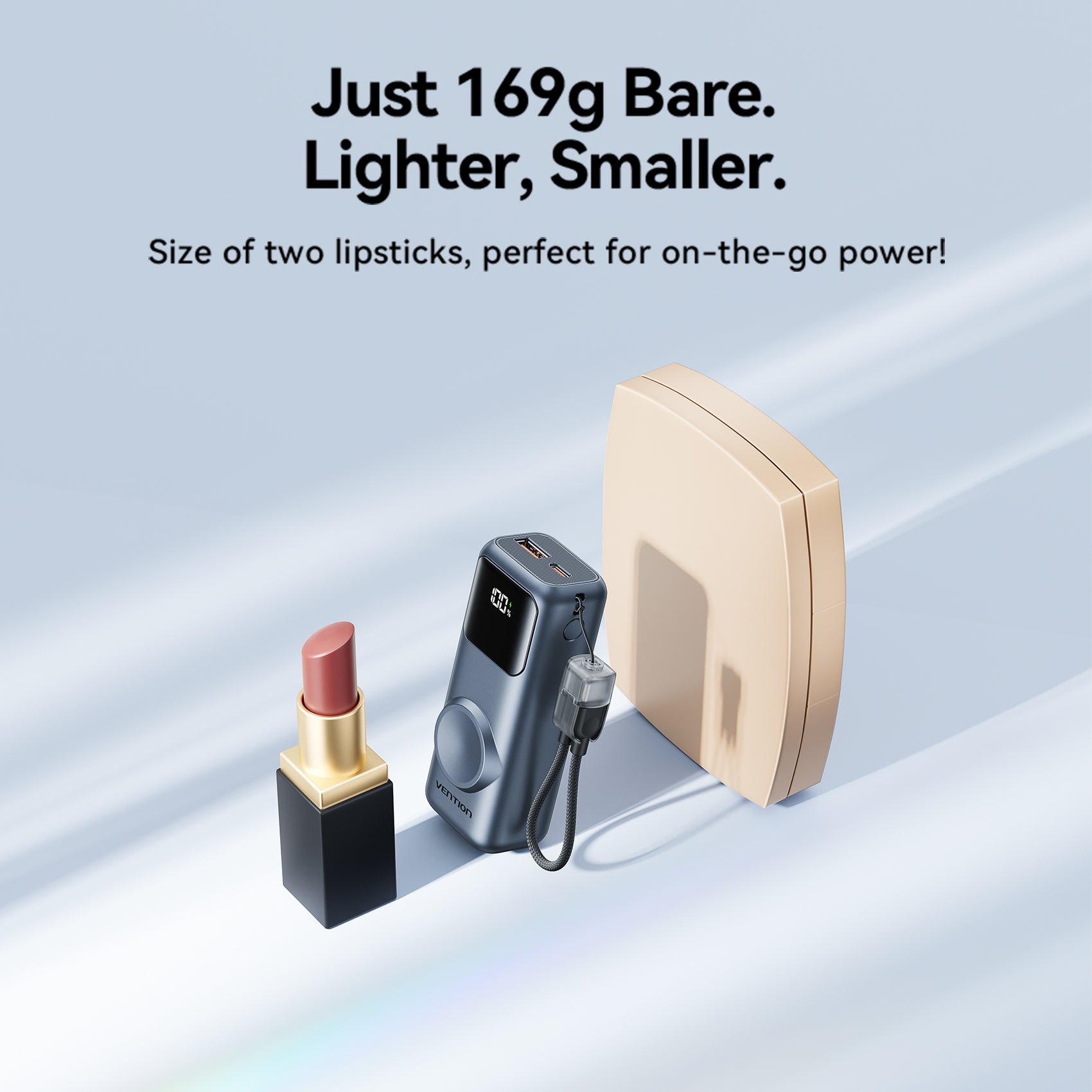 Vention Mini 10000mAh Power Bank (USB-C + USB-A) with Built-in USB-C  Cable and Apple Watch Charging Area 22.5W Gray LED Display Type