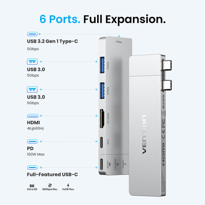 Vention 6'sı 2 arada USB-C Takılabilir Bağlantı İstasyonu