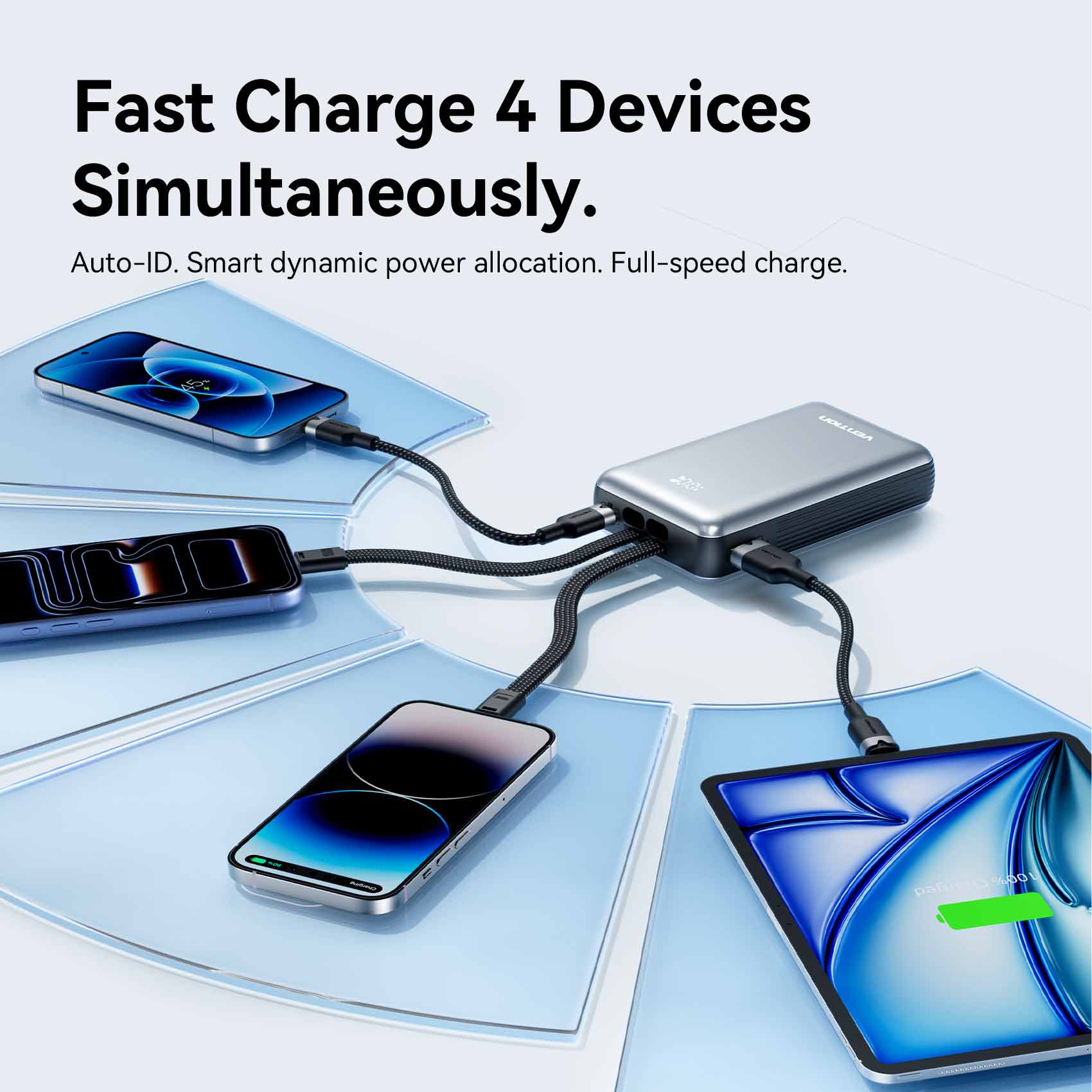 Vention 20000mAh Power Bank with Built-in USB-C and Lightning Cables 35W