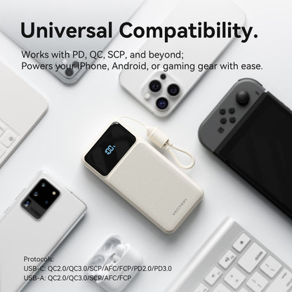 Vention 10000mAh Power Bank (USB-C + USB-A) with Built-in Cable 22.5W LED Display Type