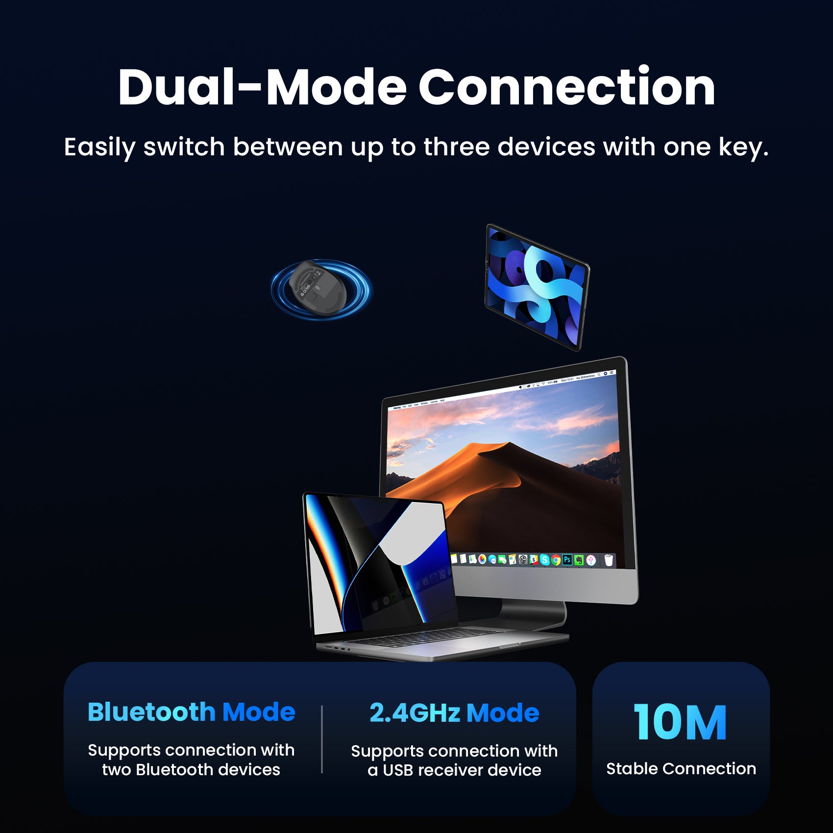 Vention 6-Button 2.4GHz + Bluetooth 5.1 Wireless Ergonomic Mouse Black Silent Type