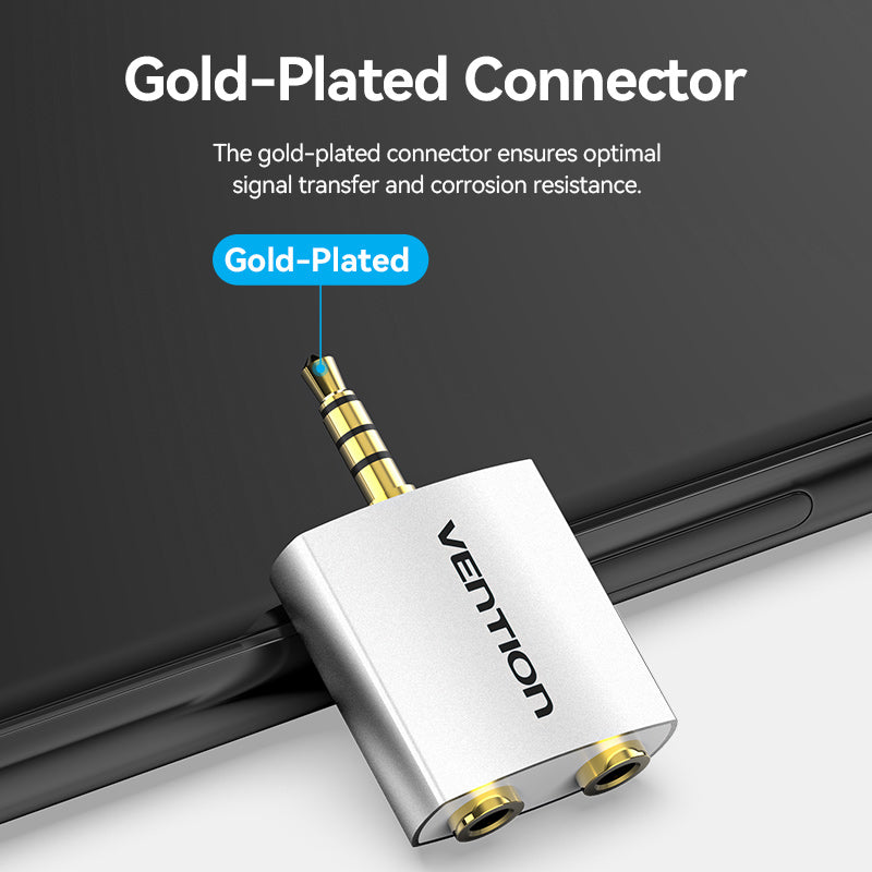 Vention 4 Pole 3.5mm Male to 2*3.5mm Female Audio Adapter Silvery Metal Type