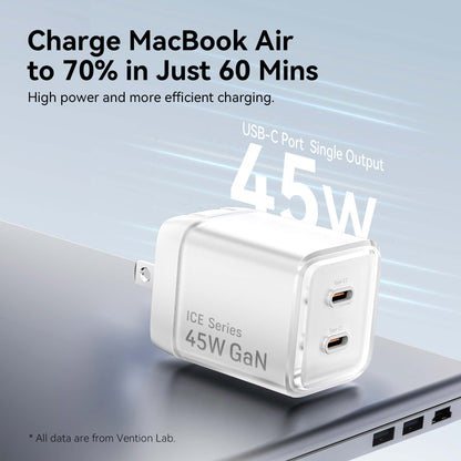 Vention 2-Port USB (C + C) GaN Charger (45W/45W) with 5A USB-C to USB-C Cable  US-Plug Gray