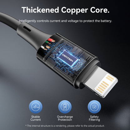 Vention USB 2.0 Tip-C Erkek - Yıldırım Erkek 3A Kablo Siyah PVC Tip