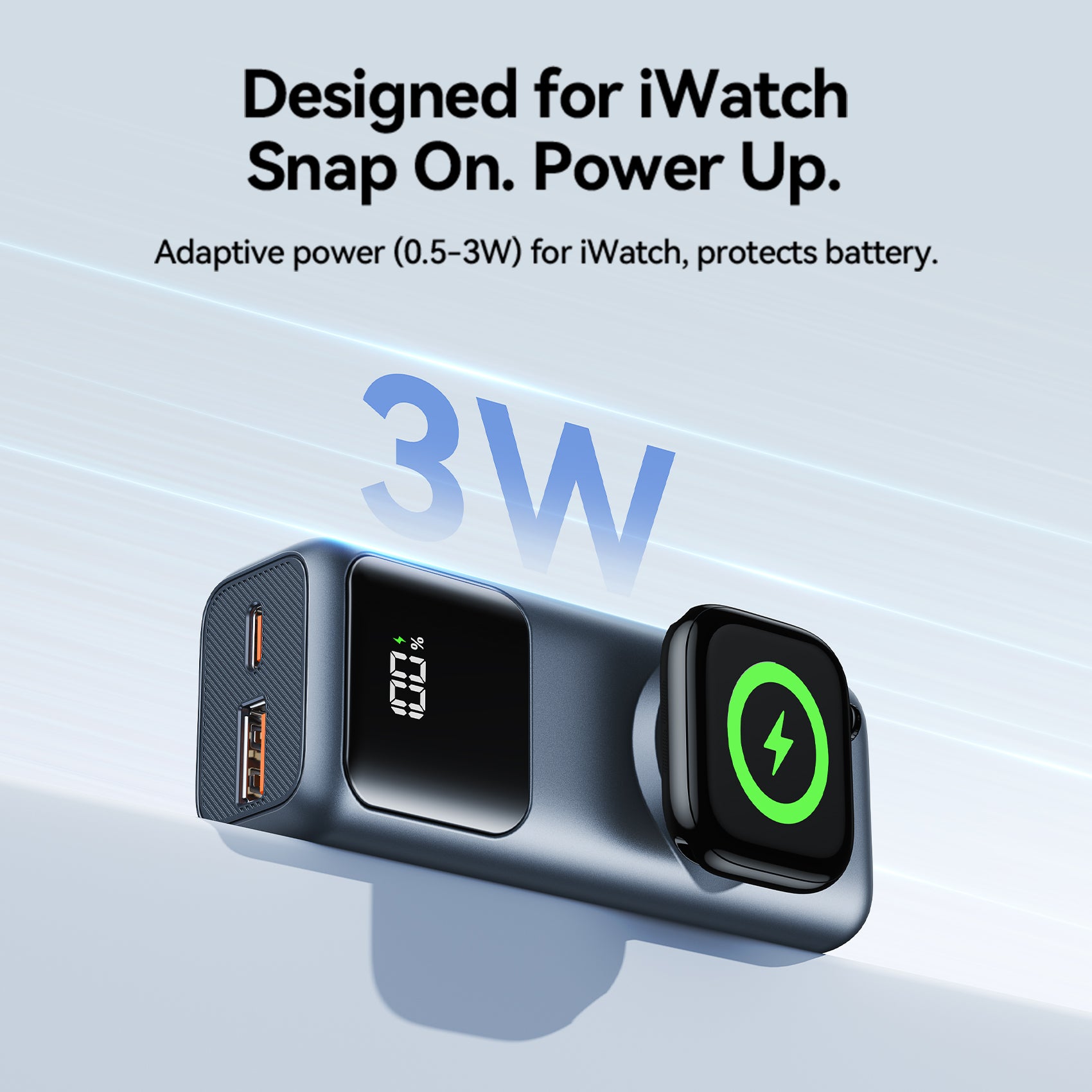 Vention Mini 10000mAh Power Bank (USB-C + USB-A) with Built-in USB-C  Cable and Apple Watch Charging Area 22.5W Gray LED Display Type