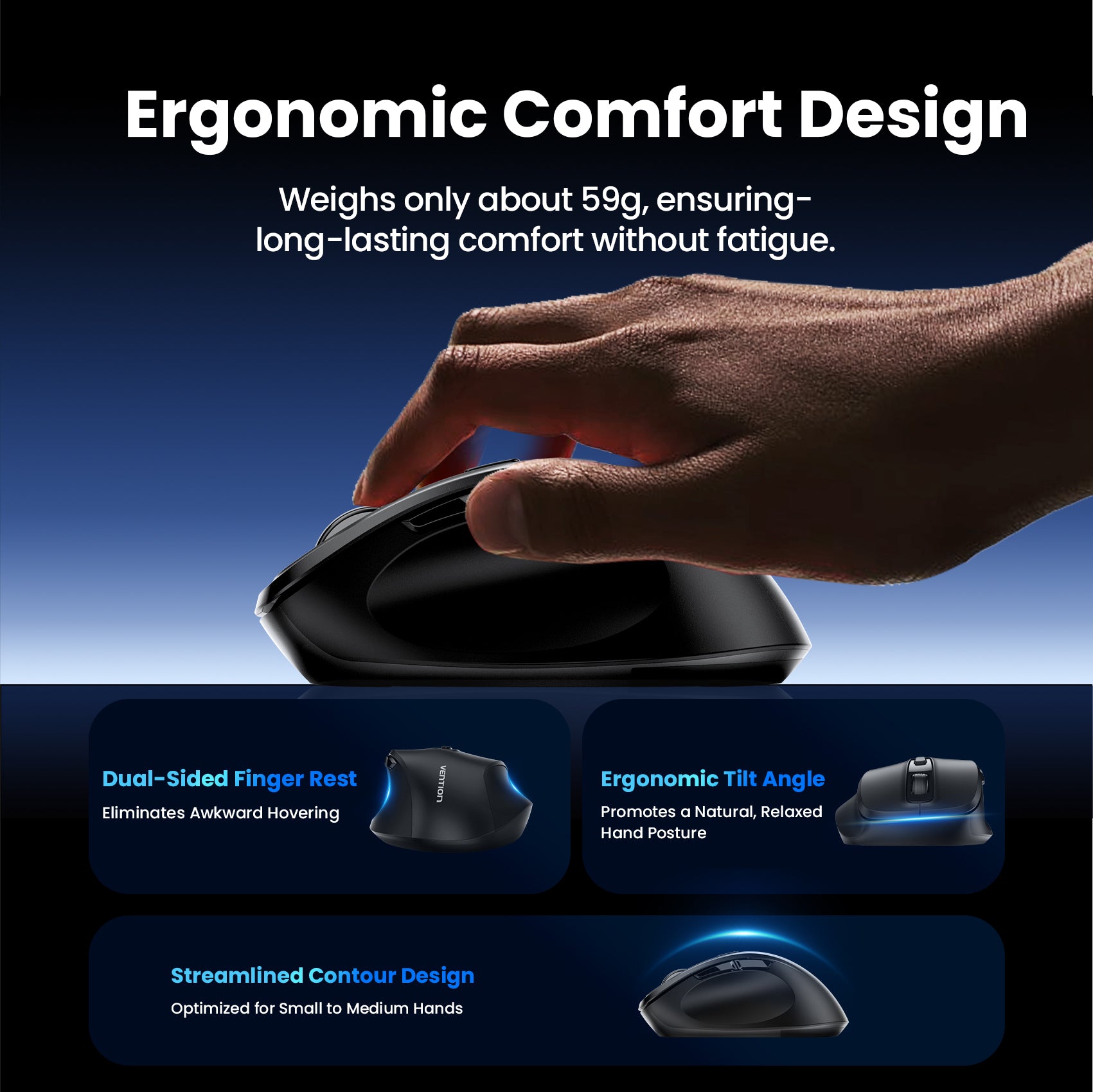 Vention 6-Button 2.4GHz Wireless Ergonomic Mouse Black Silent Type