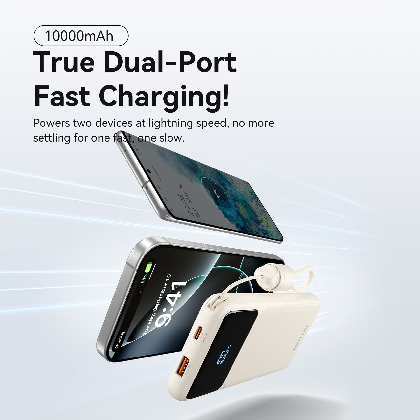 Vention 10000mAh Power Bank (USB-C + USB-A) with Built-in Cable 22.5W LED Display Type