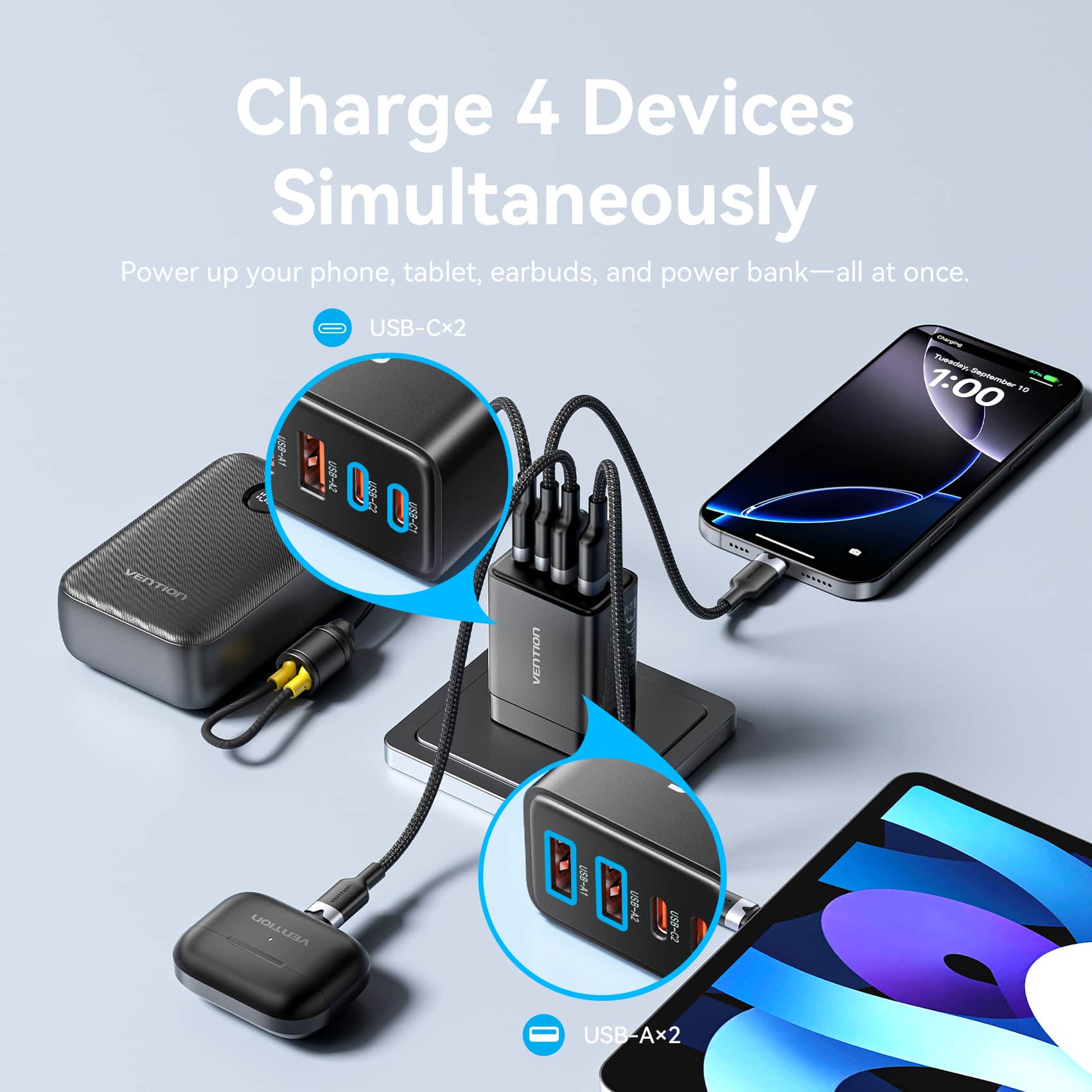 Vention 4-Port USB (C + C + A + A) GaN Charger (30W/20W/18W/18W) US Plug