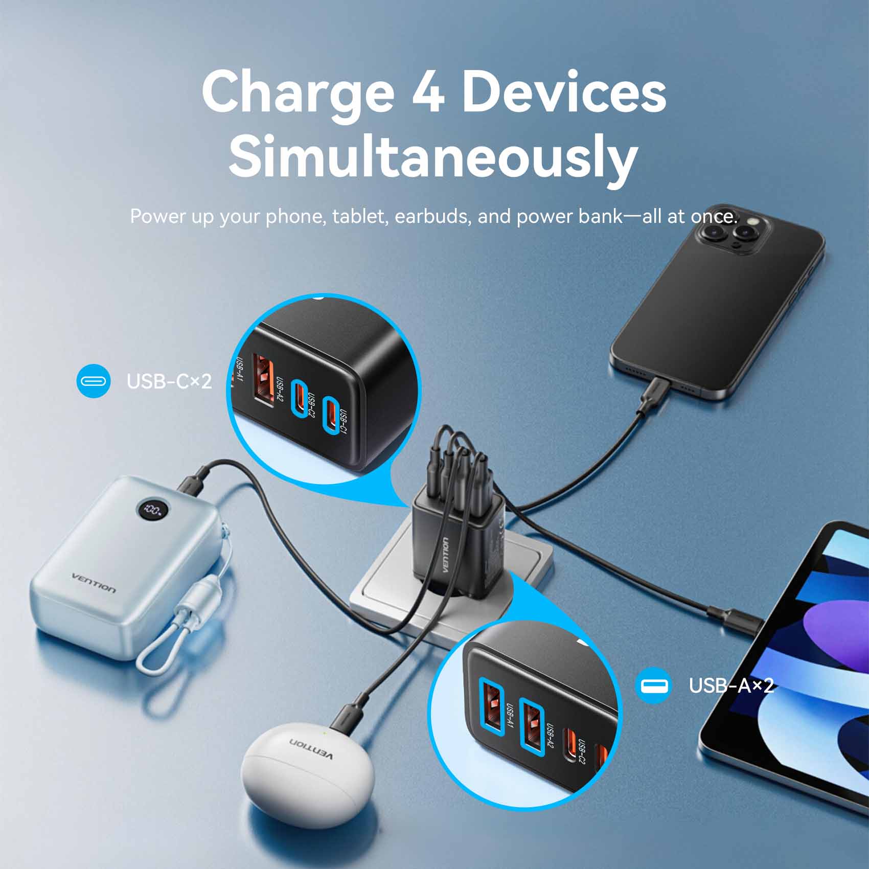 Vention 4-Port USB (C + C + A + A) GaN Charger (30W/20W/18W/18W) EU-Plug