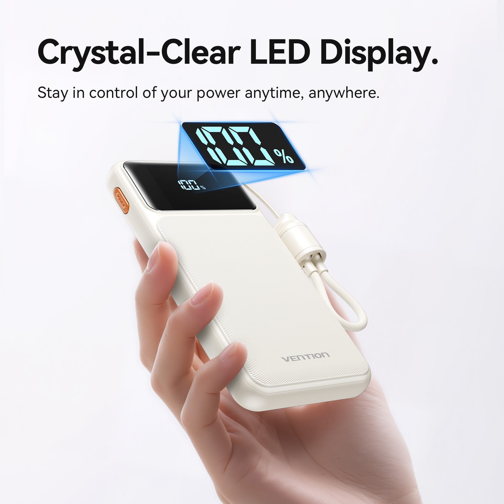 Vention 10000mAh Power Bank (USB-C + USB-A) with Built-in Cable 22.5W LED Display Type