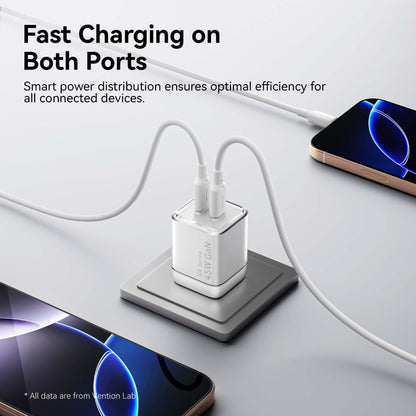 Vention 2-Port USB (C + C) GaN Charger (45W/45W) with 5A USB-C to USB-C Cable  US-Plug Gray