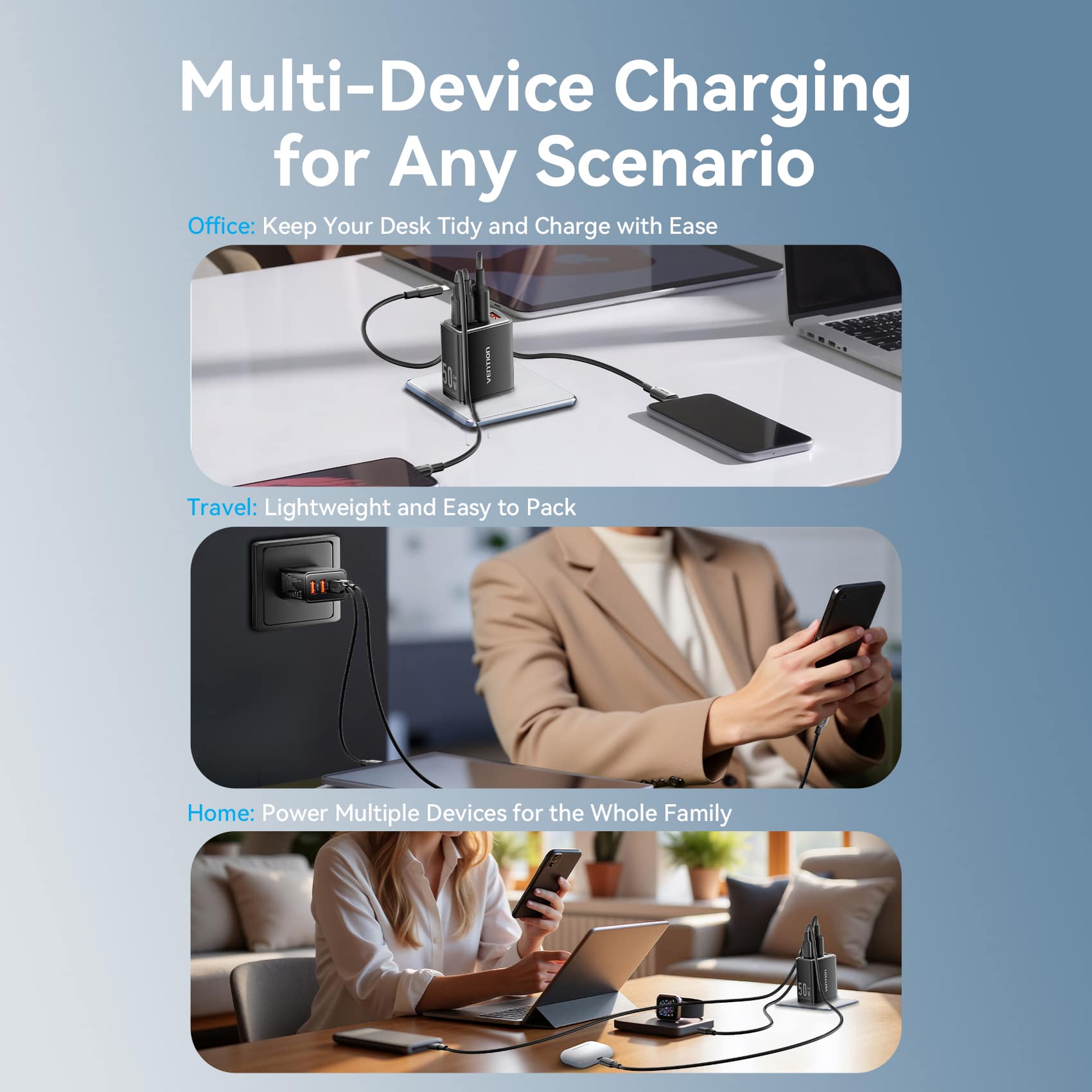 Vention 4-Port USB (C + C + A + A) GaN Charger (30W/20W/18W/18W) US Plug