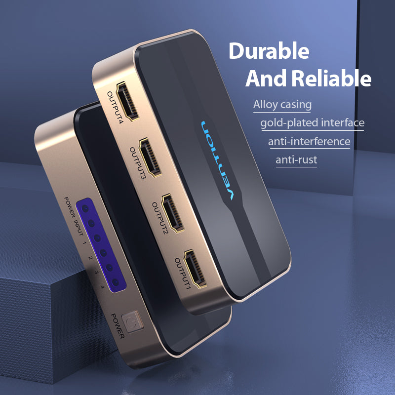 Vention 1 In 4 Out HDMI Splitter 4K@30Hz Gold Aluminum Alloy Type UK Standard