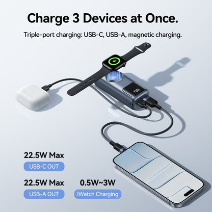 Vention Mini 10000mAh Power Bank (USB-C + USB-A) with Built-in USB-C  Cable and Apple Watch Charging Area 22.5W Gray LED Display Type