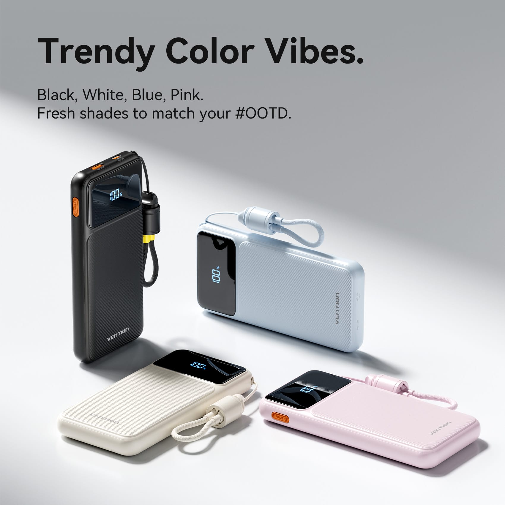 Vention 10000mAh Power Bank (USB-C + USB-A) with Built-in Cable 22.5W LED Display Type