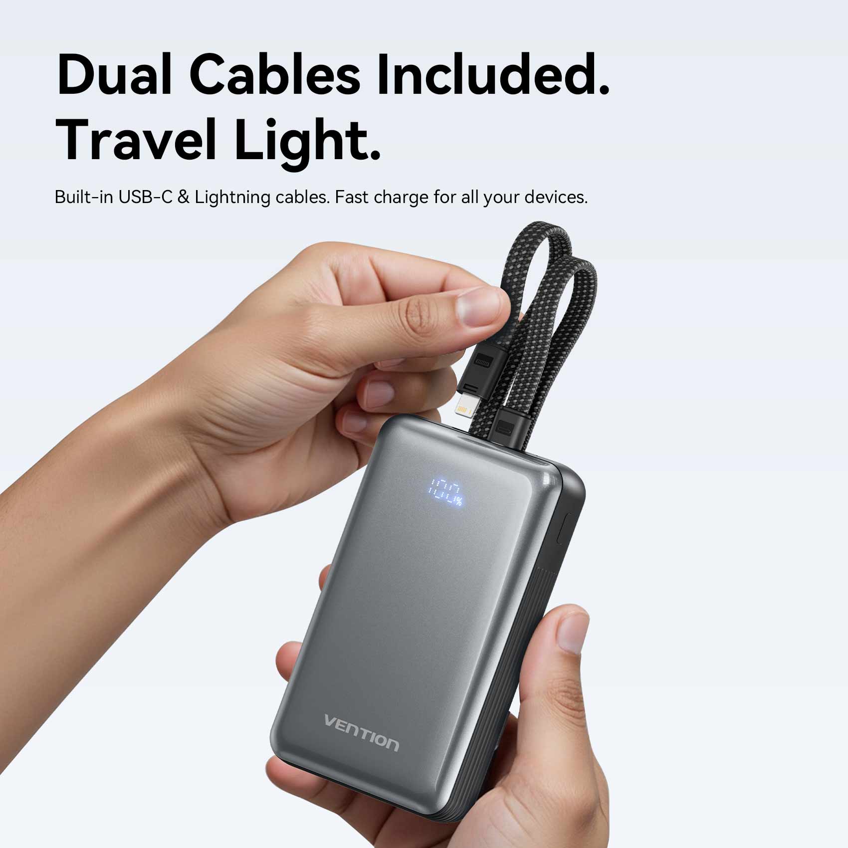 Vention 20000mAh Power Bank with Built-in USB-C and Lightning Cables 35W