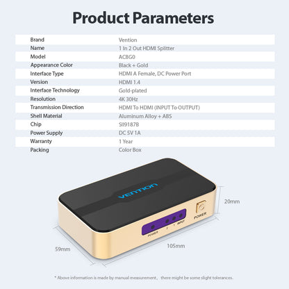 Vention 1 In 2 Out HDMI Splitter 4K@30Hz Gold Aluminum Alloy Type