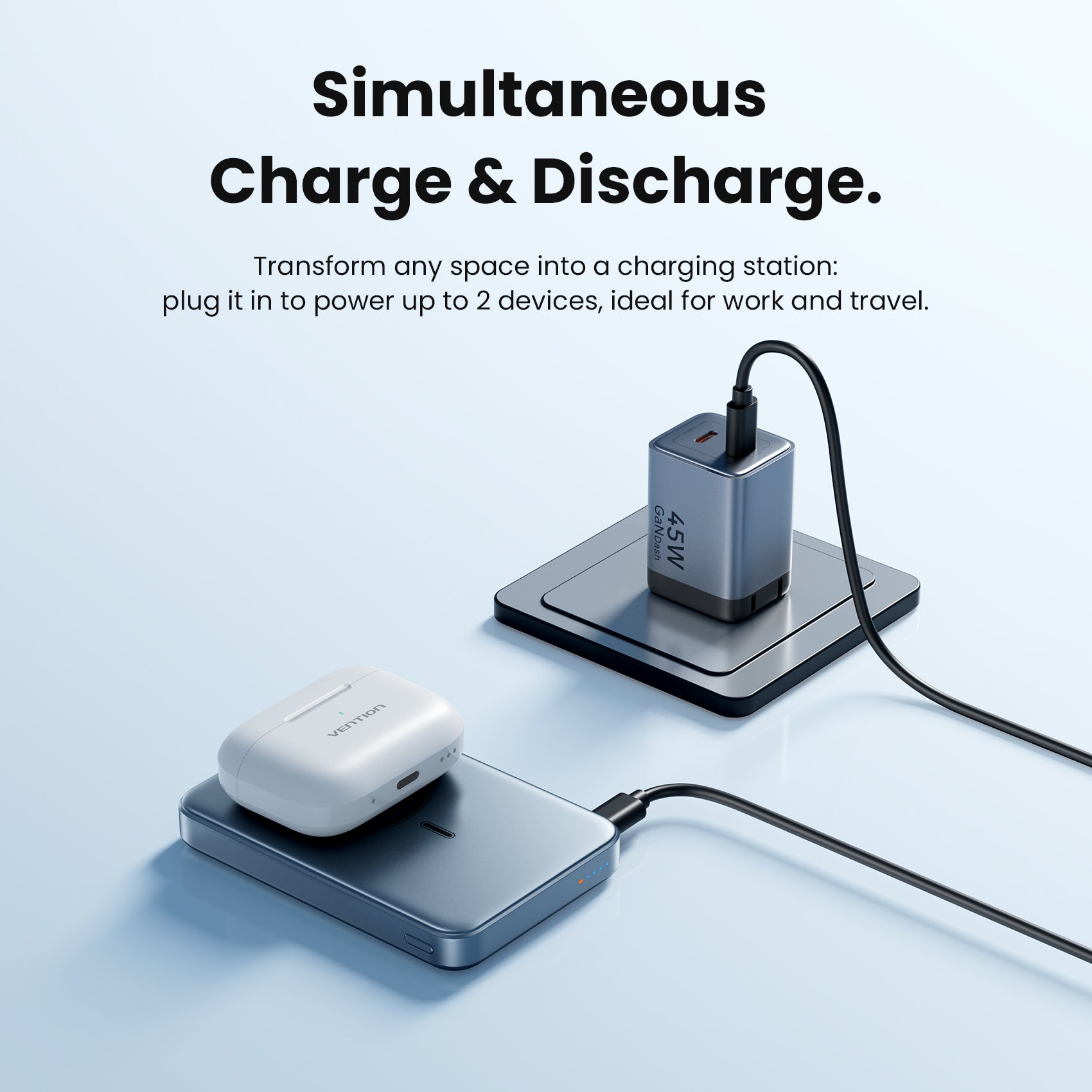 Vention Qi2.2 10000mAh Magnetic Wireless Power Bank (USB-C + USB-C/Wireless) 45W Gray