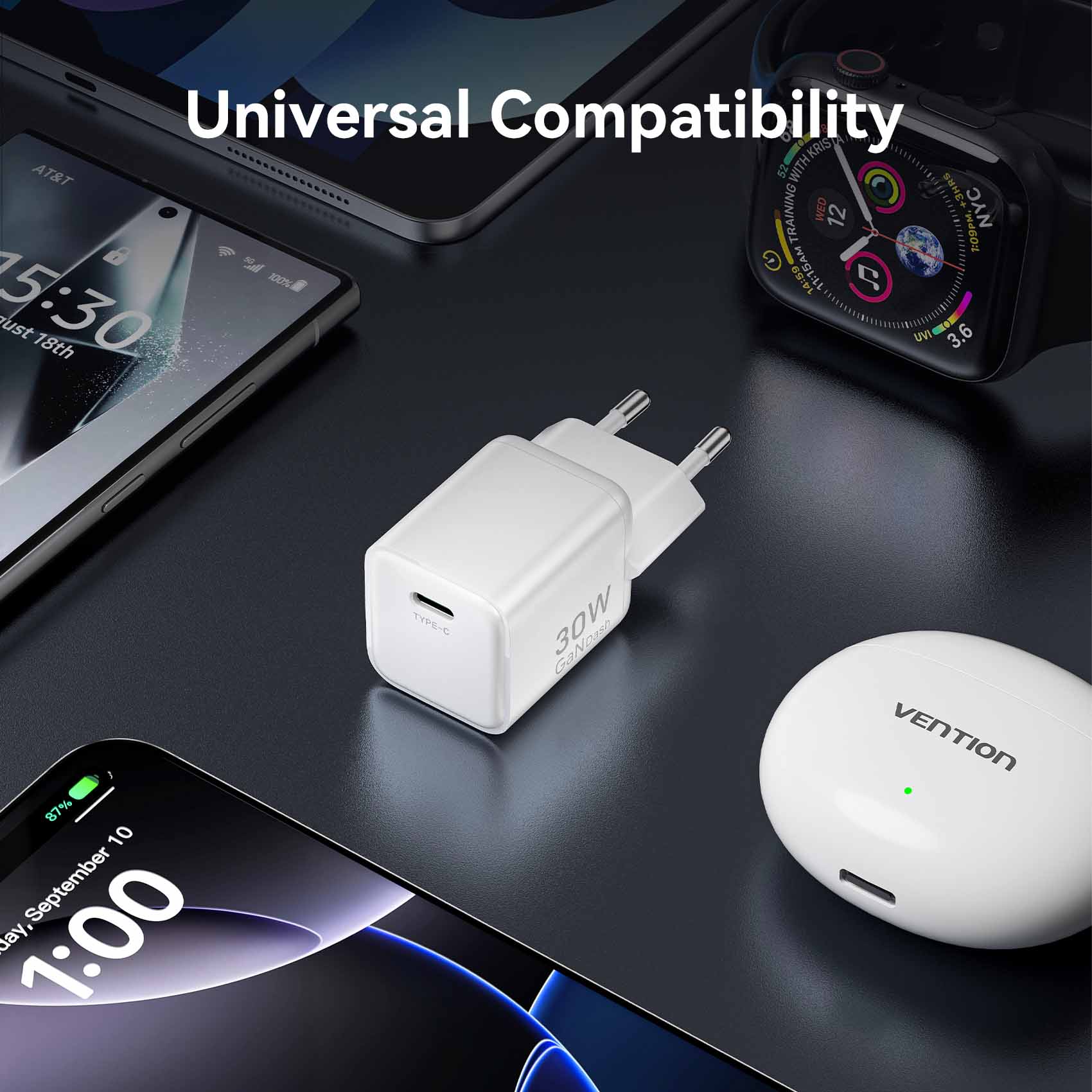 Vention 1-Port USB-C GaN Charger (30W) EU-Plug