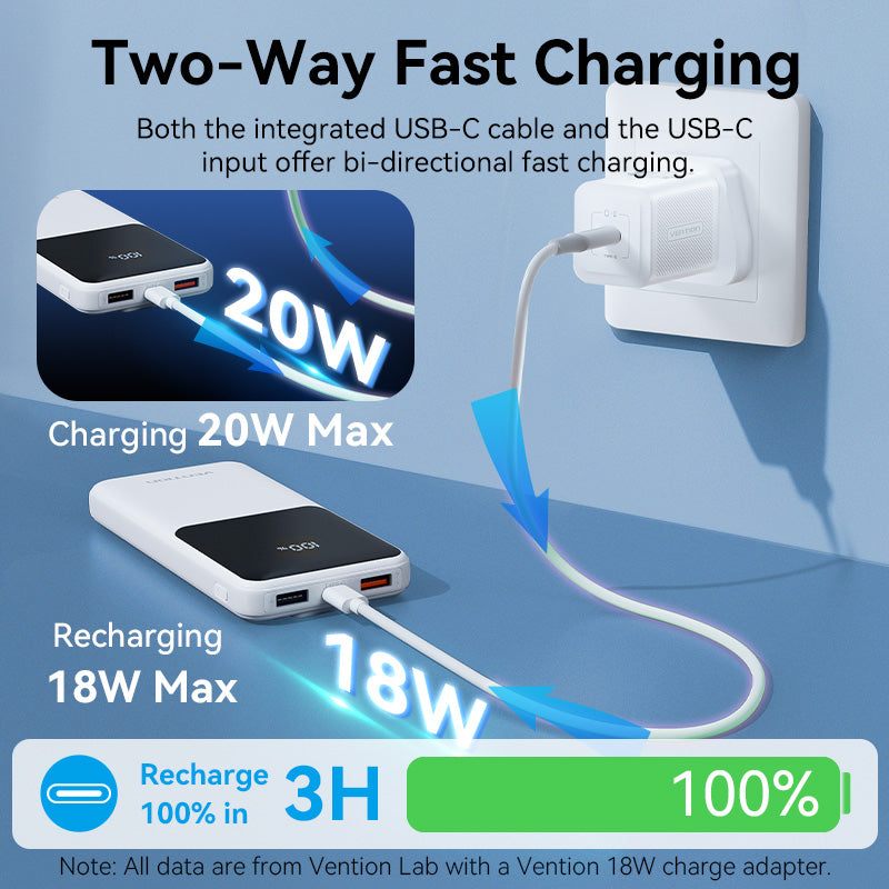 Vention 10000mAh Power Bank with Built-in USB-C and Lightning Cables 22.5W Black LED Display Universal Type