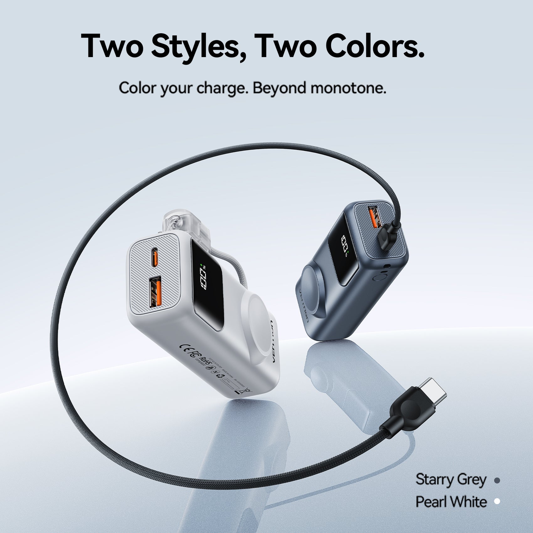 Vention Mini 10000mAh Power Bank (USB-C + USB-A) with Built-in USB-C  Cable and Apple Watch Charging Area 22.5W Gray LED Display Type