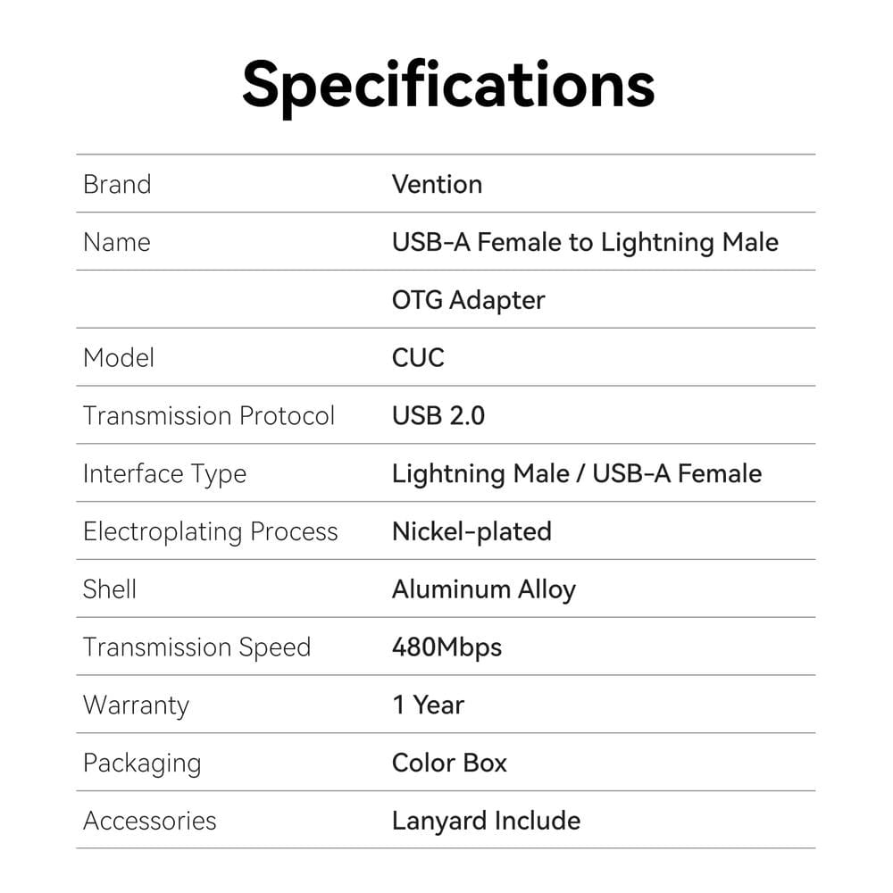 Vention USB-A Female to Lightning Male OTG Adapter