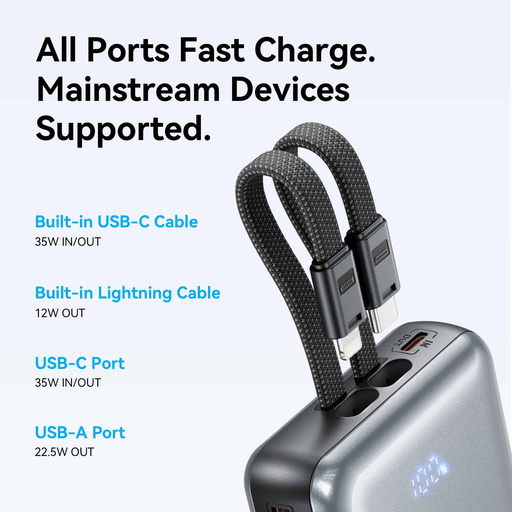 Vention 20000mAh Power Bank with Built-in USB-C and Lightning Cables 35W