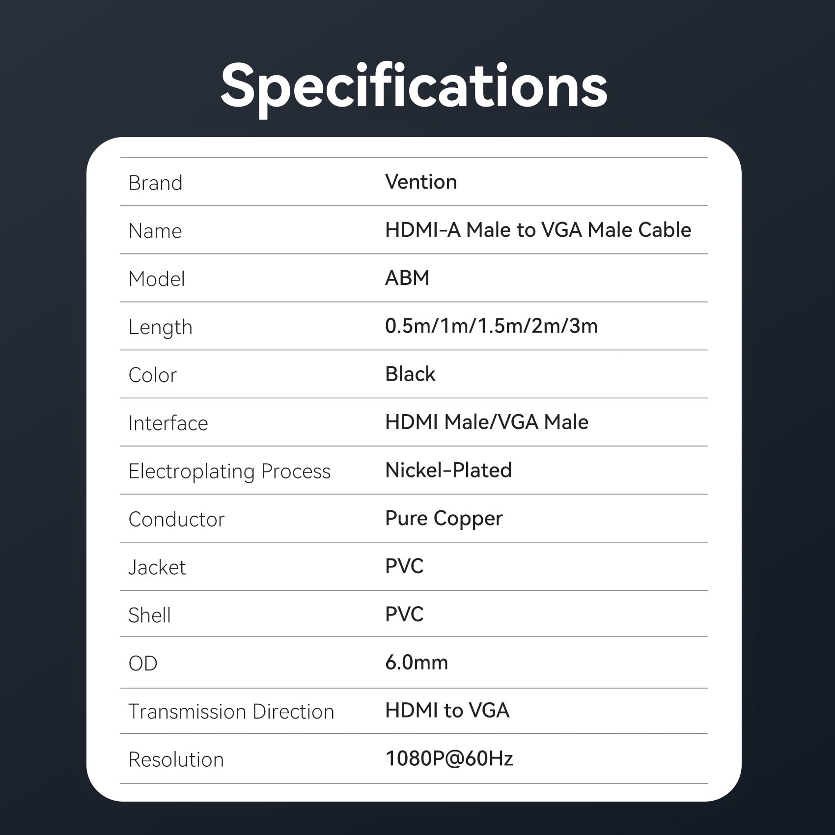 Vention HDMI™-A Male to VGA Male HD Cable Black