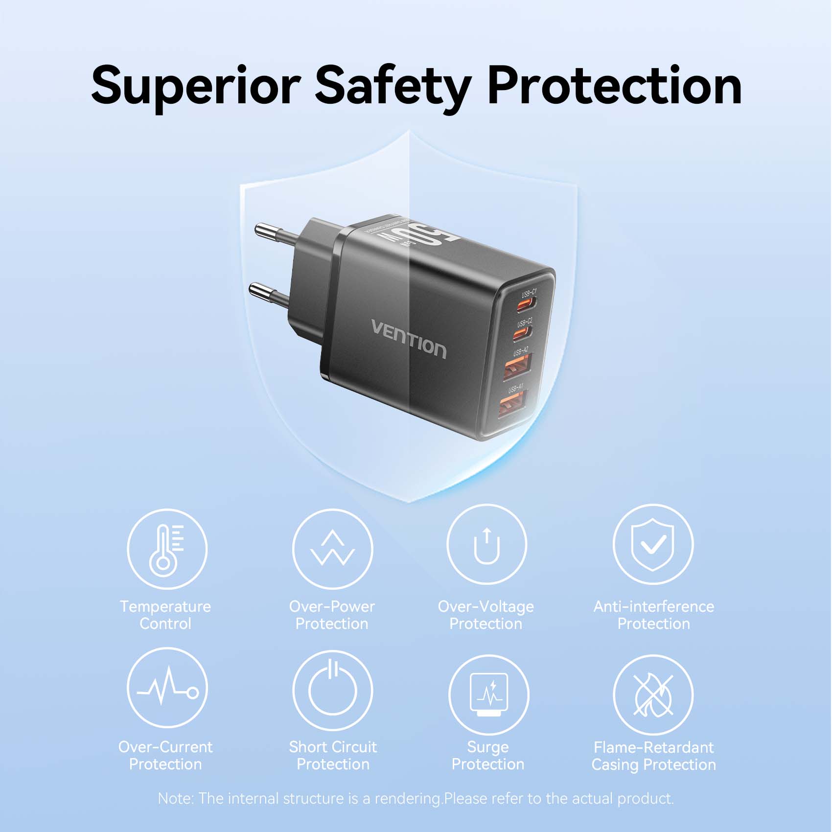 Vention 4-Port USB (C + C + A + A) GaN Charger (30W/20W/18W/18W) EU-Plug