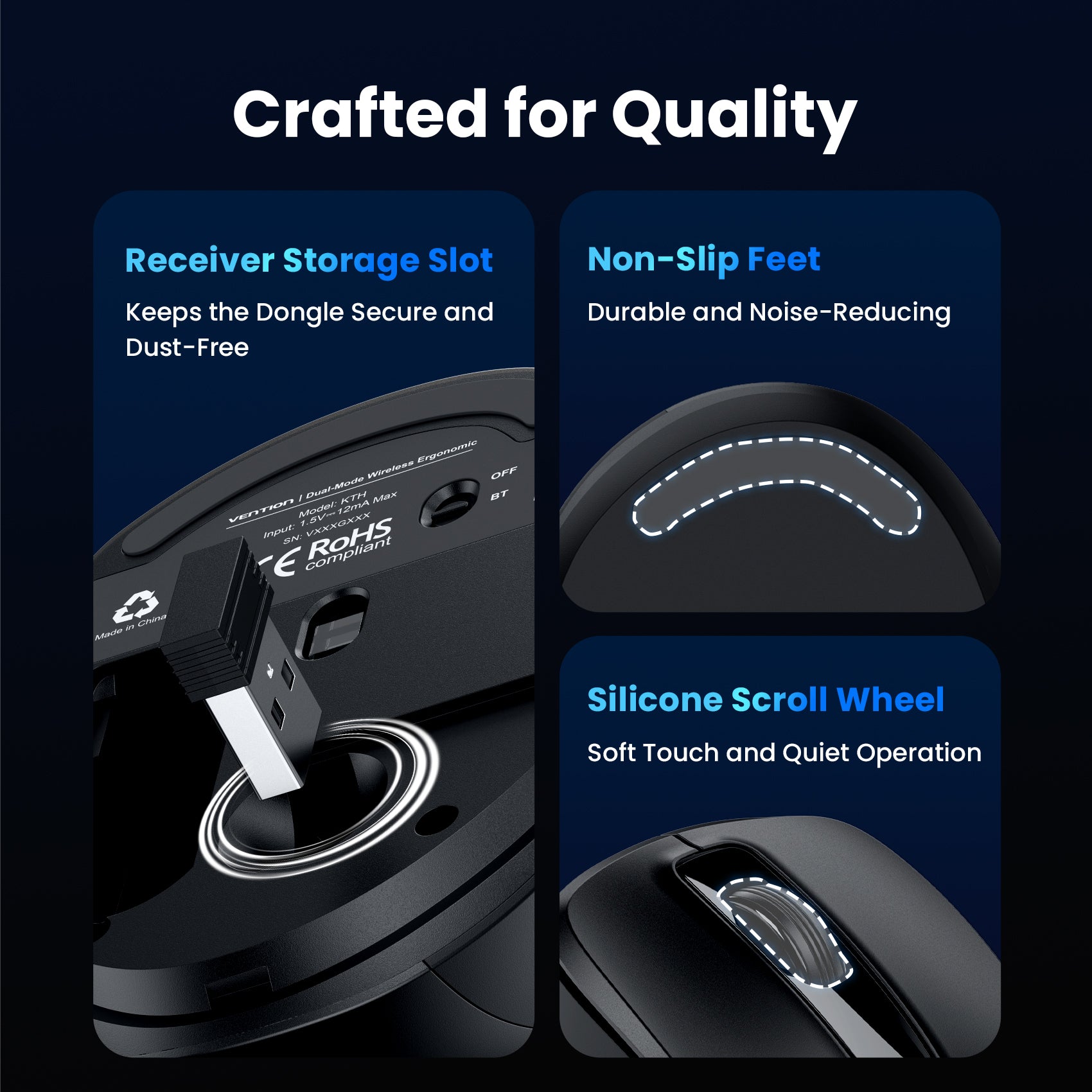 Vention 6-Button 2.4GHz + Bluetooth 5.1 Wireless Ergonomic Mouse Black Silent Type