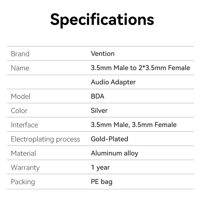 Vention 4 Pole 3.5mm Male to 2*3.5mm Female Audio Adapter Silvery Metal Type