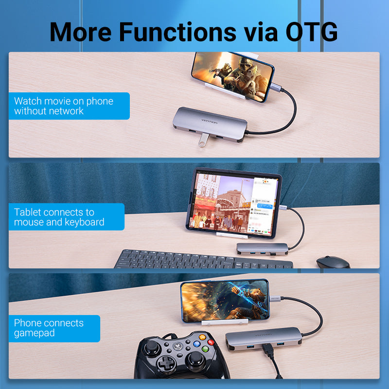 Multi-function USB-C to HDMI/USB3.0x3/RJ45/SD/TF/PD Docking Station 0.15M Gray Aluminum Alloy Type