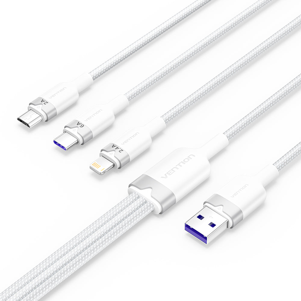 Vention USB 2.0 A Male a 3-en-1 USB-C & Lightning & Micro-B Male 6A Cable Aleoy de aleación de aluminio